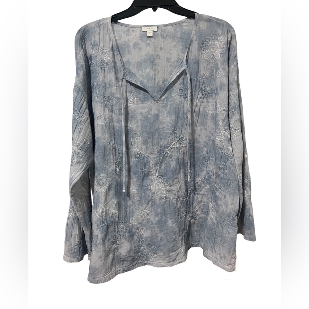 J. Jill Pure 100% Cotton Tie-Dye Floral Boho Long Sleeve Top (Size M)